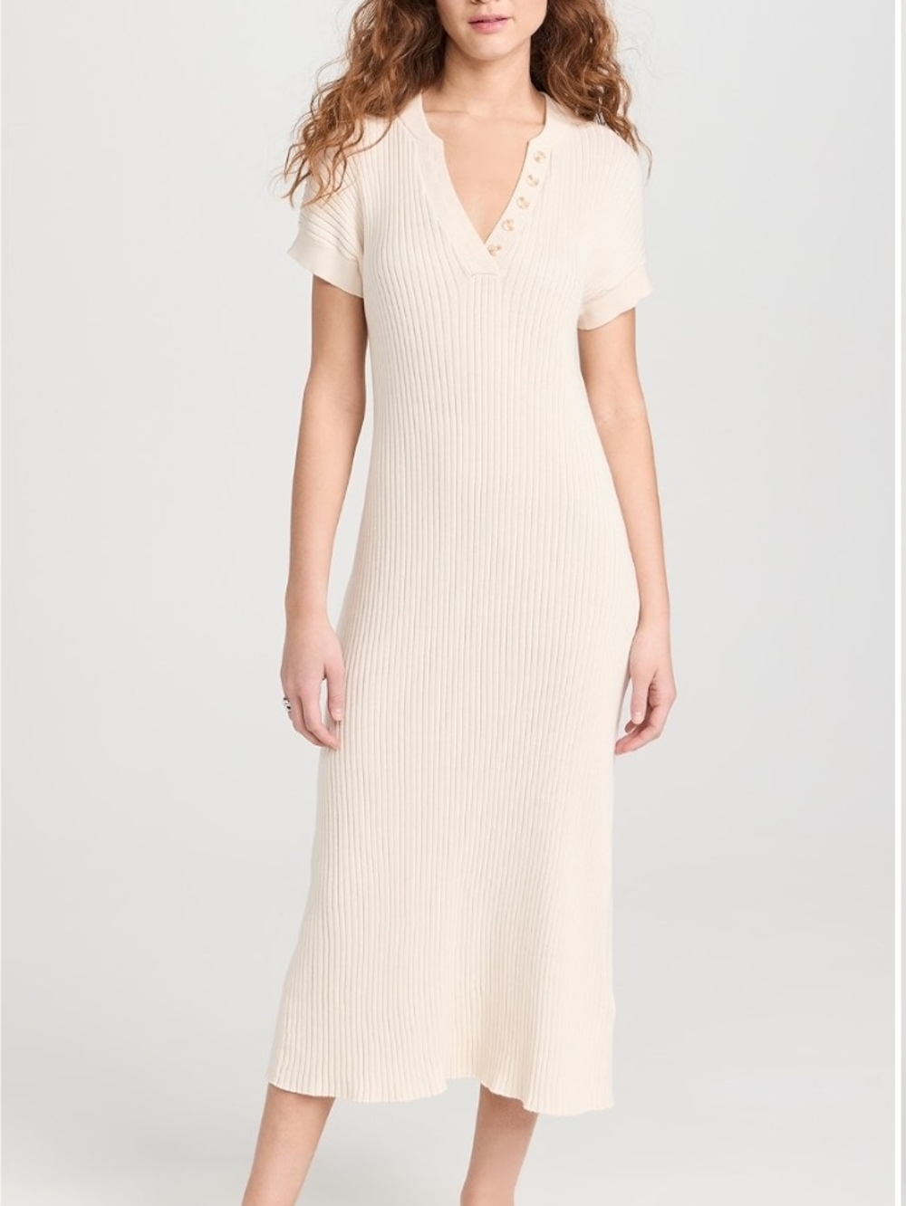 Varley Ribbed Knit V-Neck Midi Dress in Cream Size Small